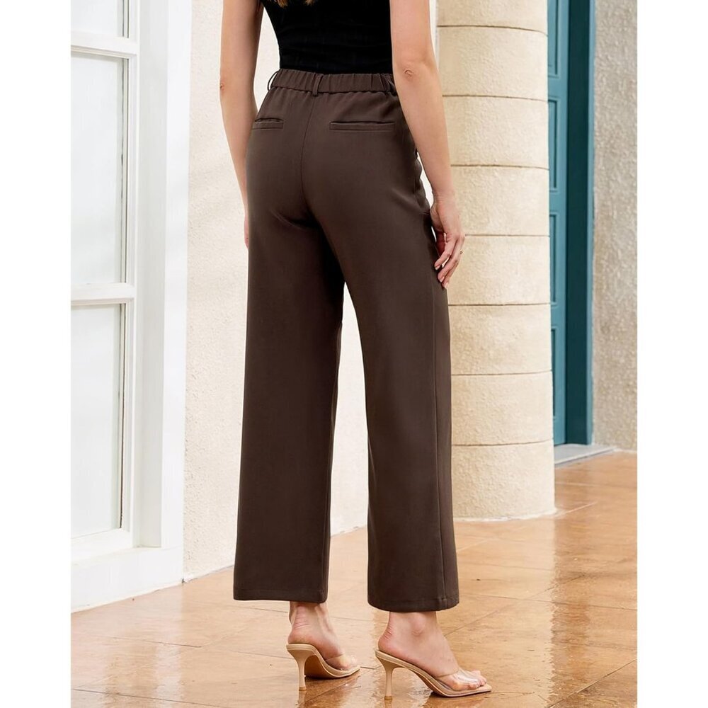 Women's Chocolate Brown Polyester High Waisted Elastic Wide Leg Dress Pant - Picture 2 of 7